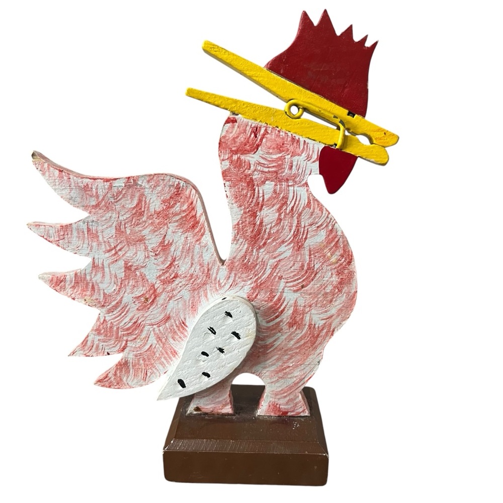 Rooster MCM Clothespin Beak Card Holder Recipes Vintage Red Yellow White